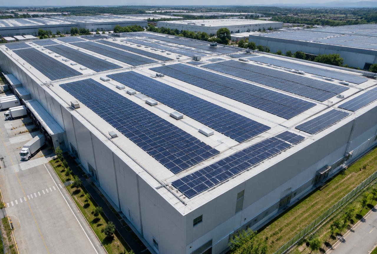 Aerial view of a large industrial warehouse rooftop covered with solar panels
