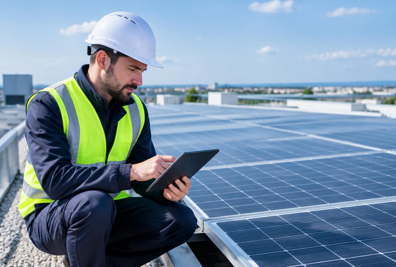GLS engineer inspecting a rooftop solar installation with a tablet
