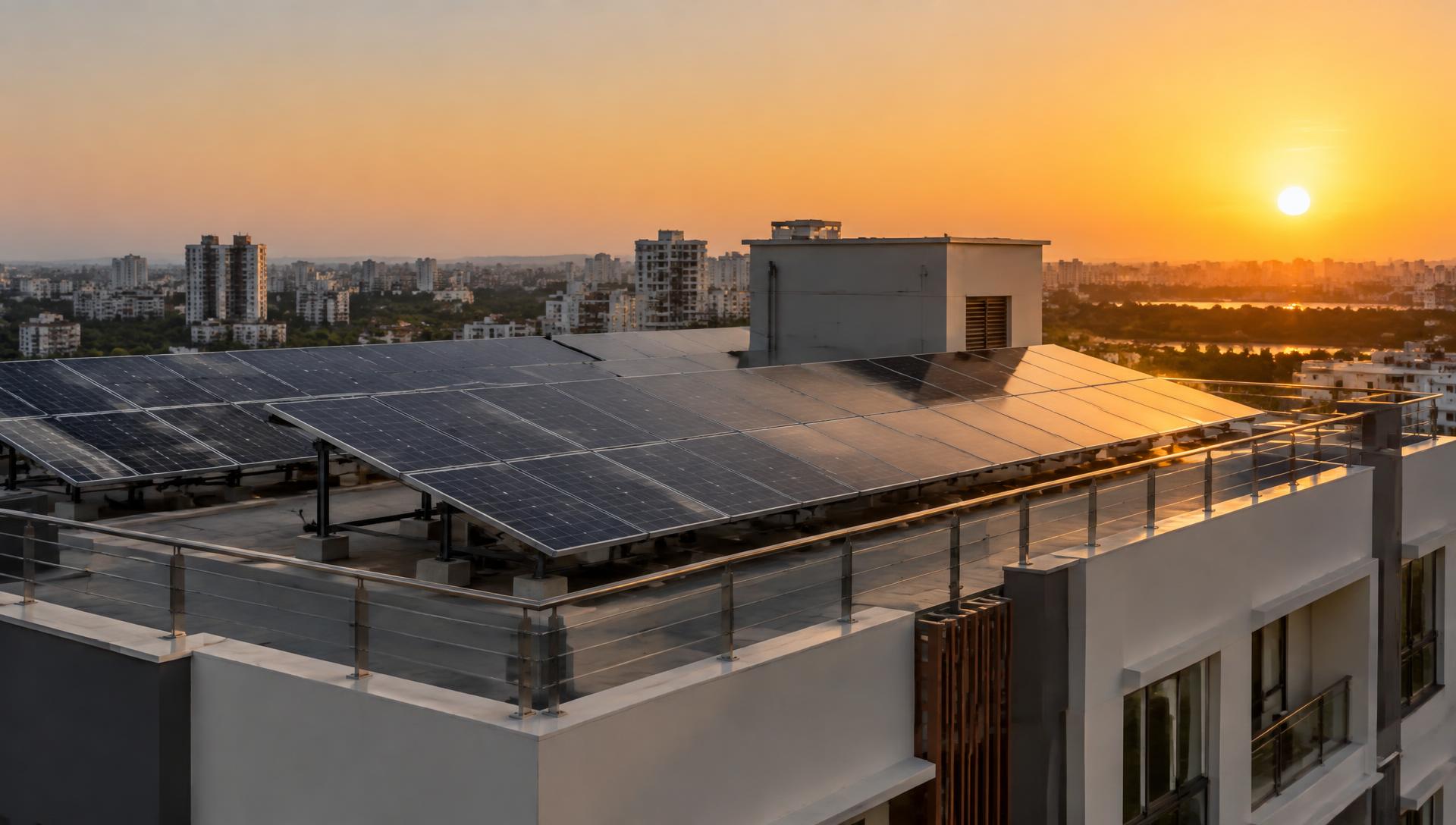Rooftop solar array installed on a modern building at sunset