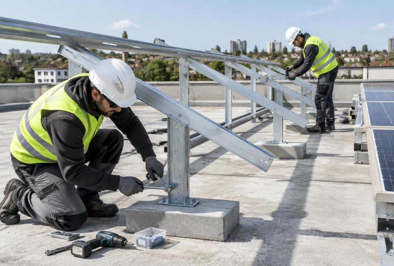 Technicians installing solar mounting structures on a rooftop for an off-grid system