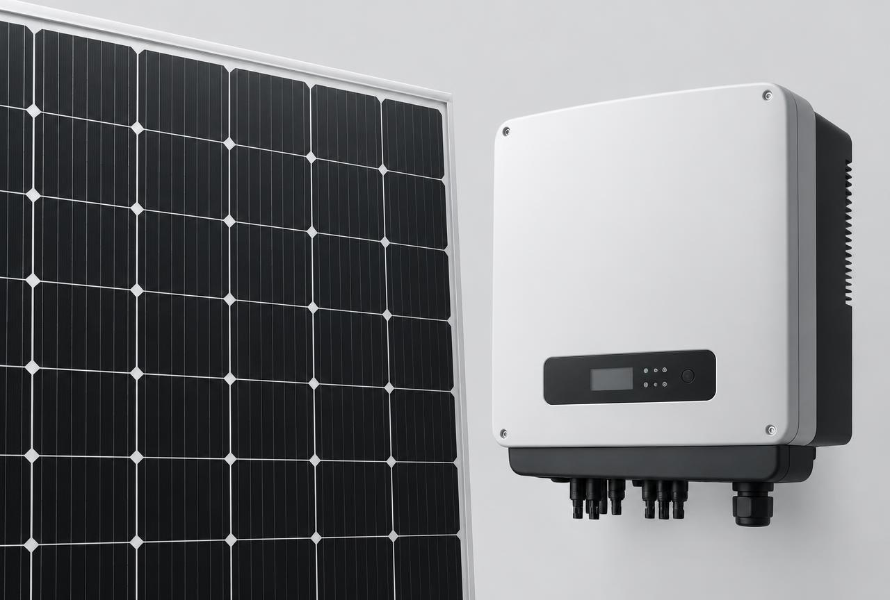 Solar module and inverter shown together for technical evaluation