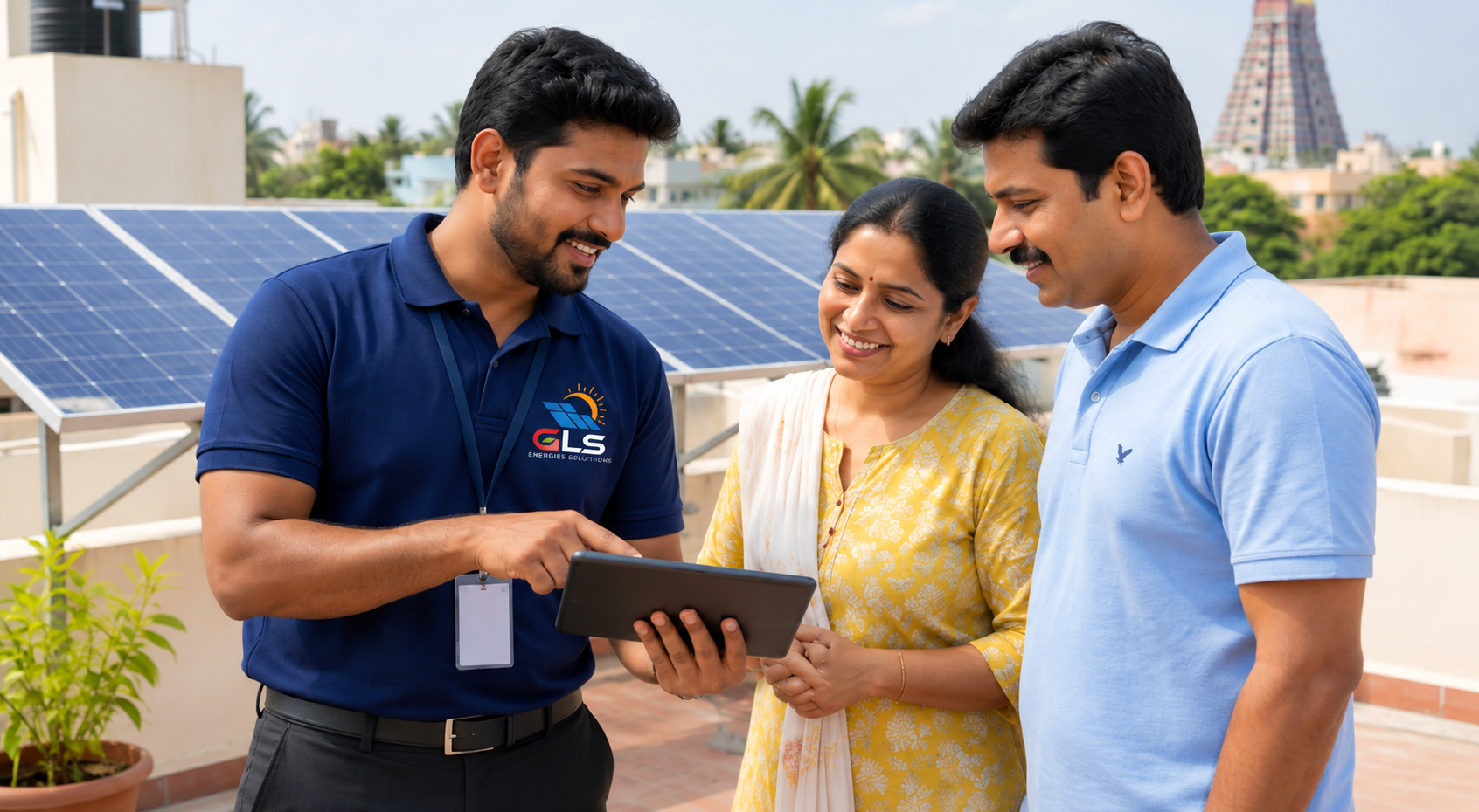 GLS solar expert explaining a rooftop solar plan on a tablet to homeowners on their terrace