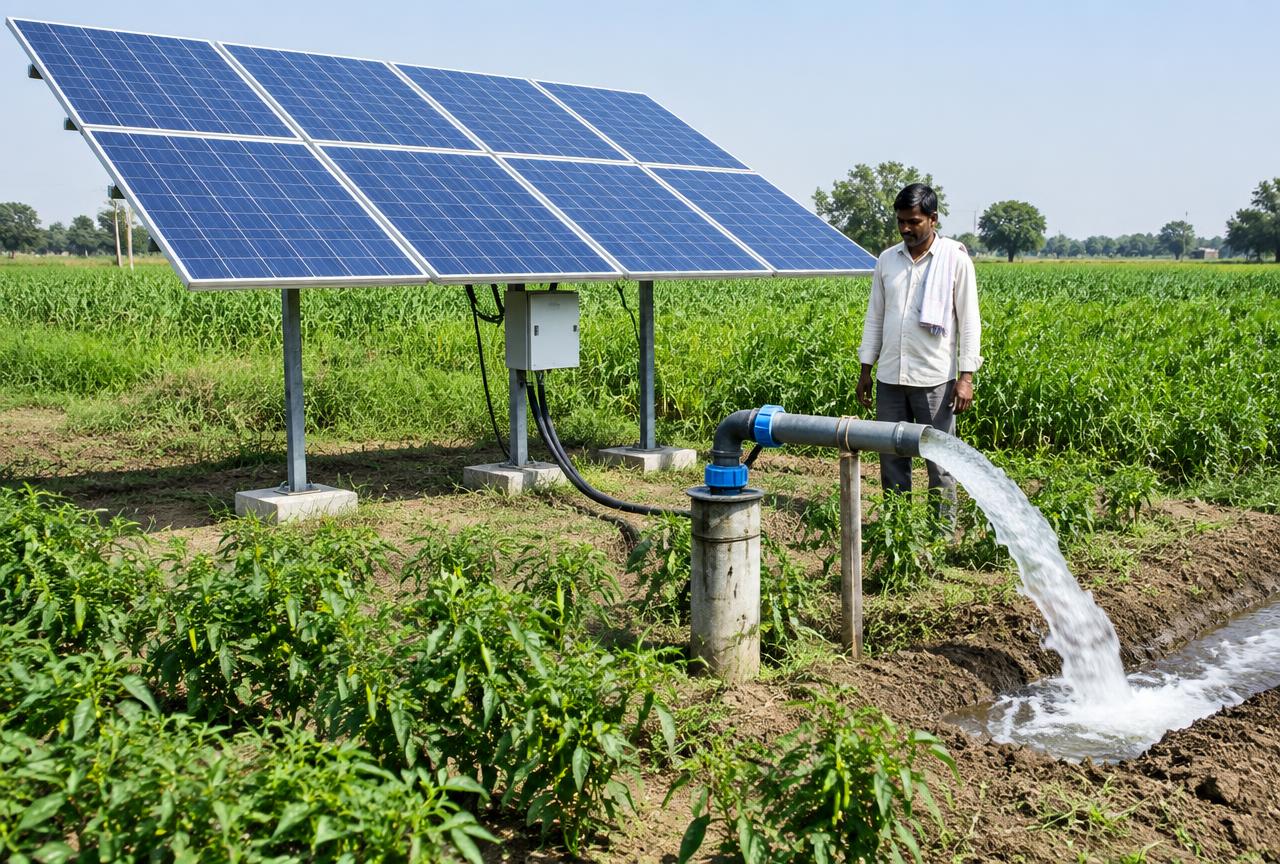 Solar powered water pump with panel array irrigating an agricultural field