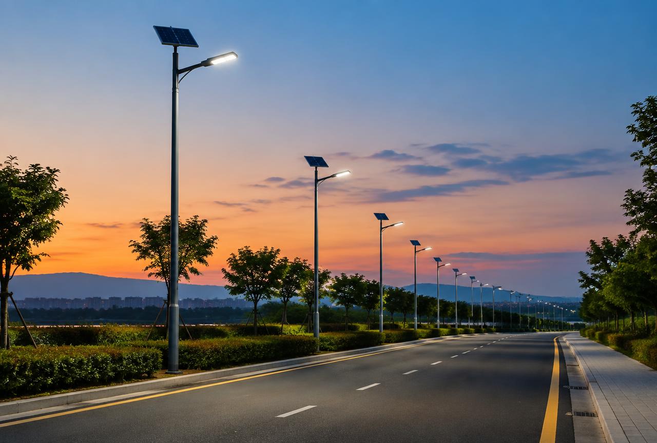 Row of solar street light poles along a road at dusk
