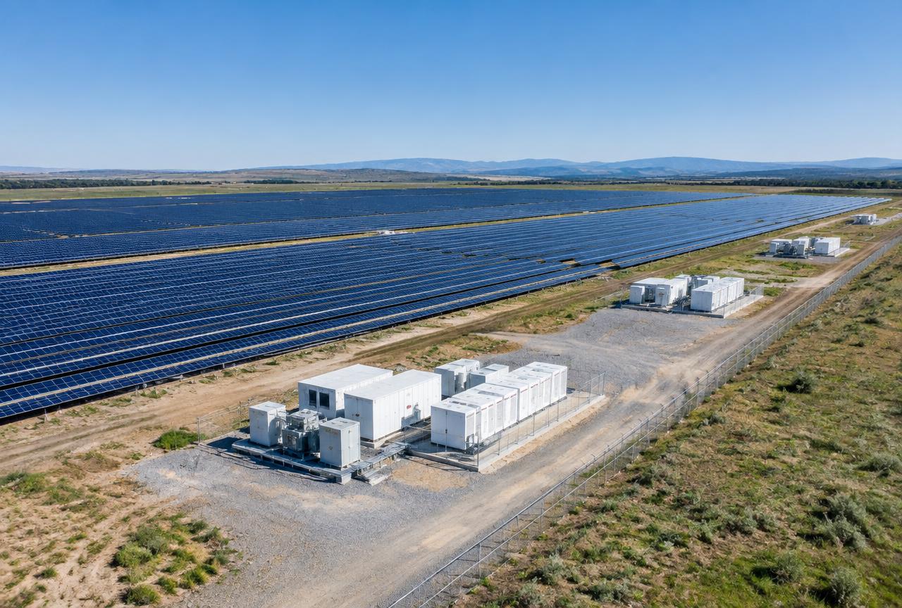 Utility scale solar farm with rows of modules and inverter stations